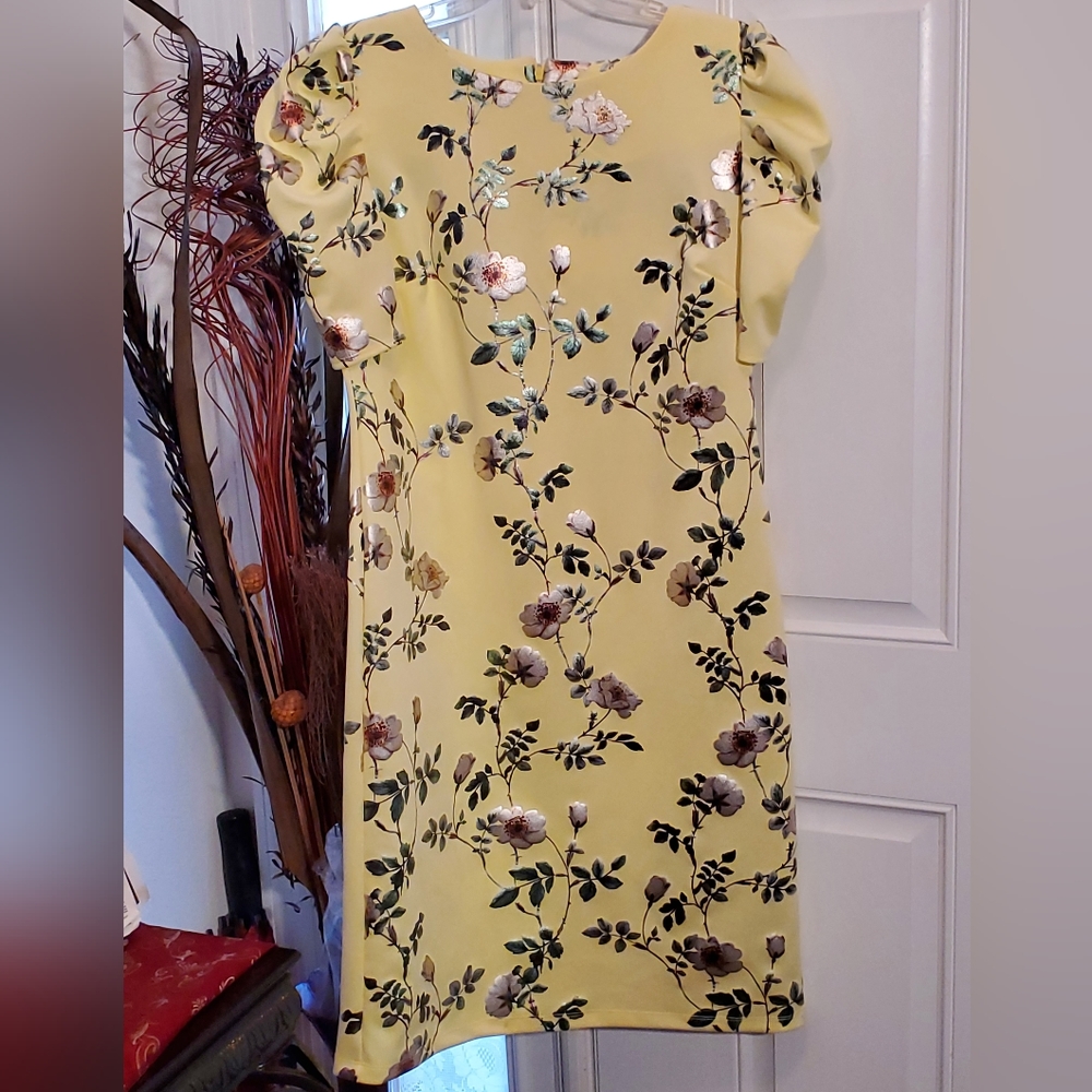 Shelby & Palmer Women Dress Size 14 Yellow Plus Floral Puff Sleeve